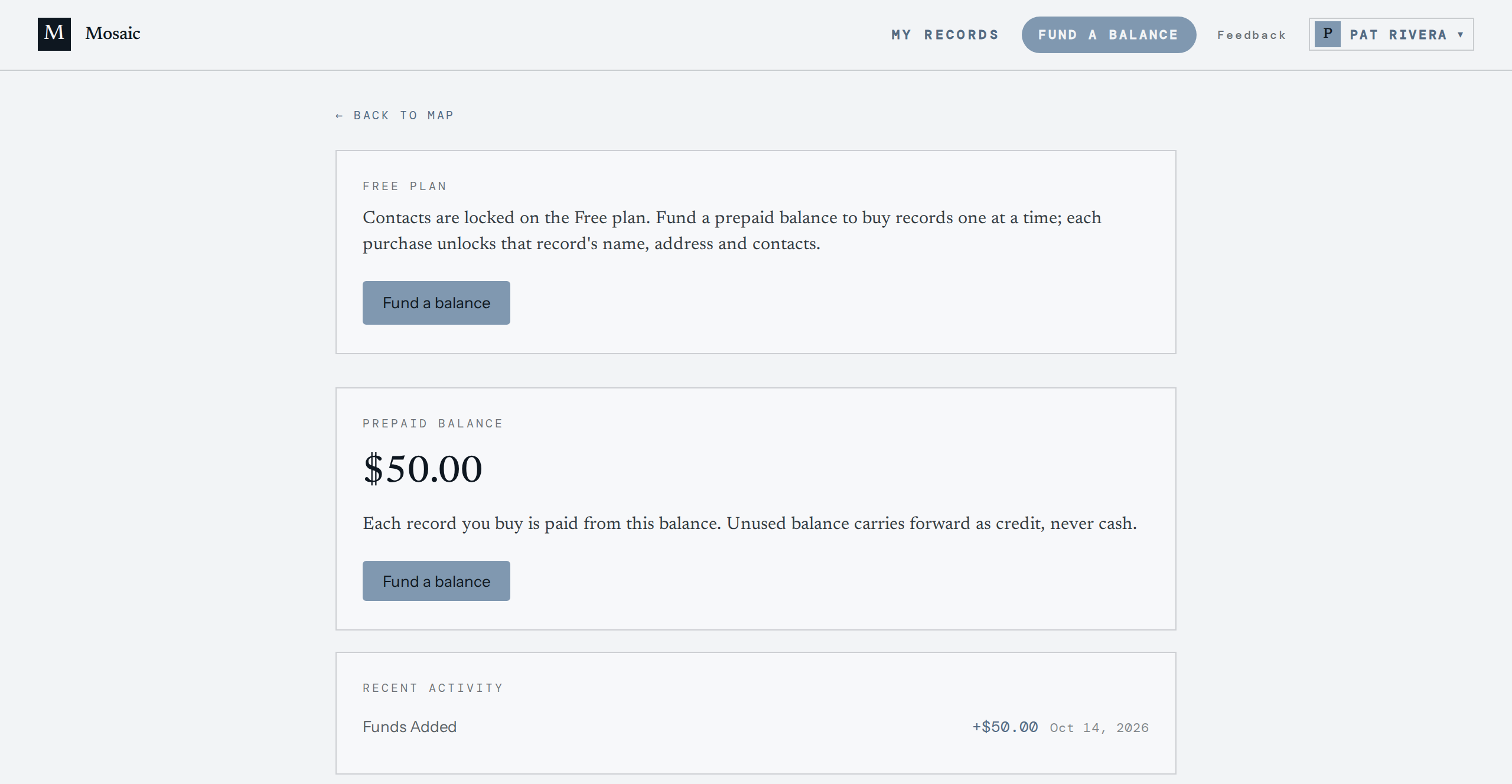 The same account after adding $50: prepaid balance $50.00.
