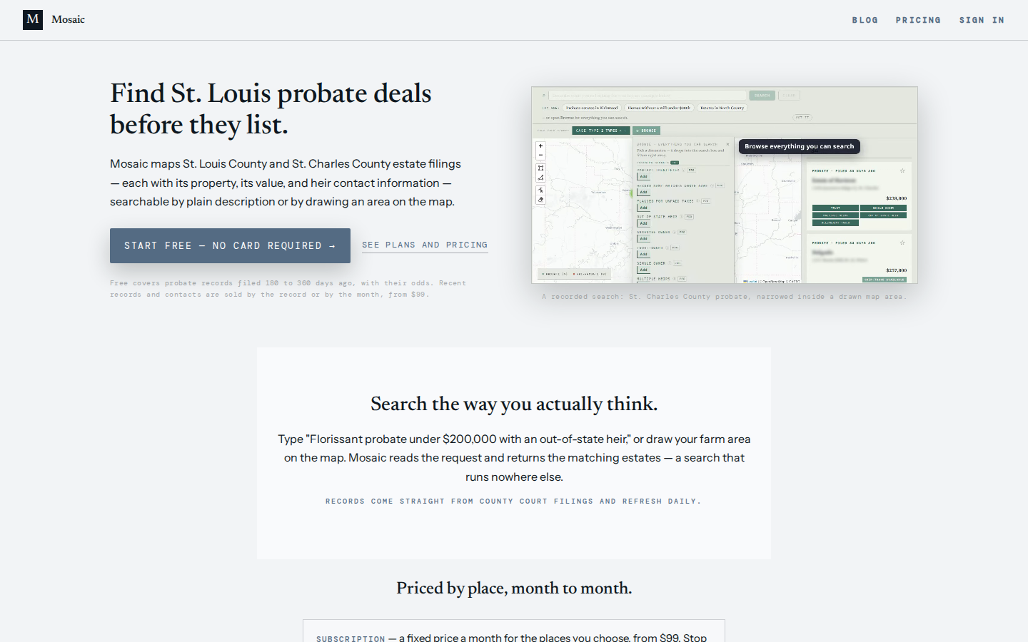 The Mosaic home page, headline: "Find St. Louis probate deals before they list."