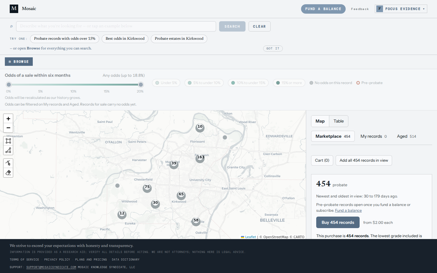 The Mosaic marketplace map with the search box, the odds bar above the map, and the drawing tools on its left edge.