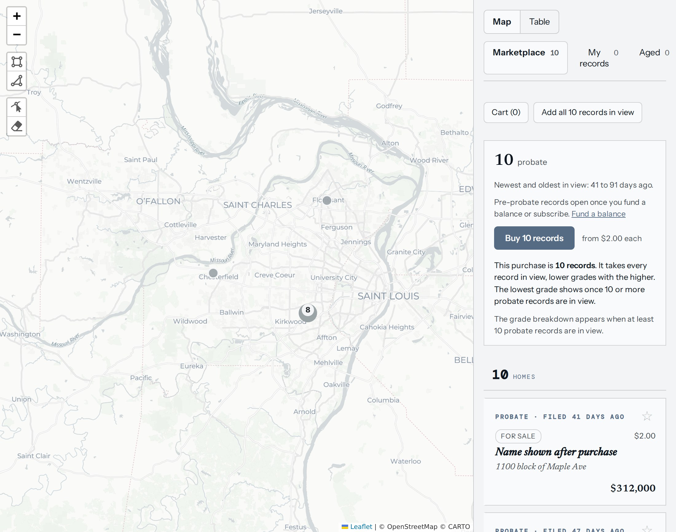 The Mosaic marketplace on the map: pins on a St. Louis map, a Marketplace tab with a count, and a panel offering to buy the records in view.