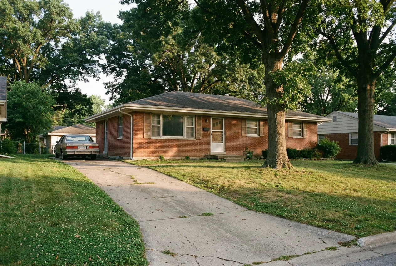 A single-story brick ranch house with mature trees and an older sedan in the driveway.