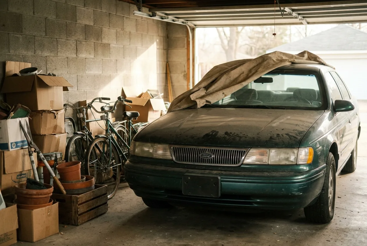 An older station wagon in a garage under a partly pulled-back dust sheet, beside stacked boxes and bicycles.