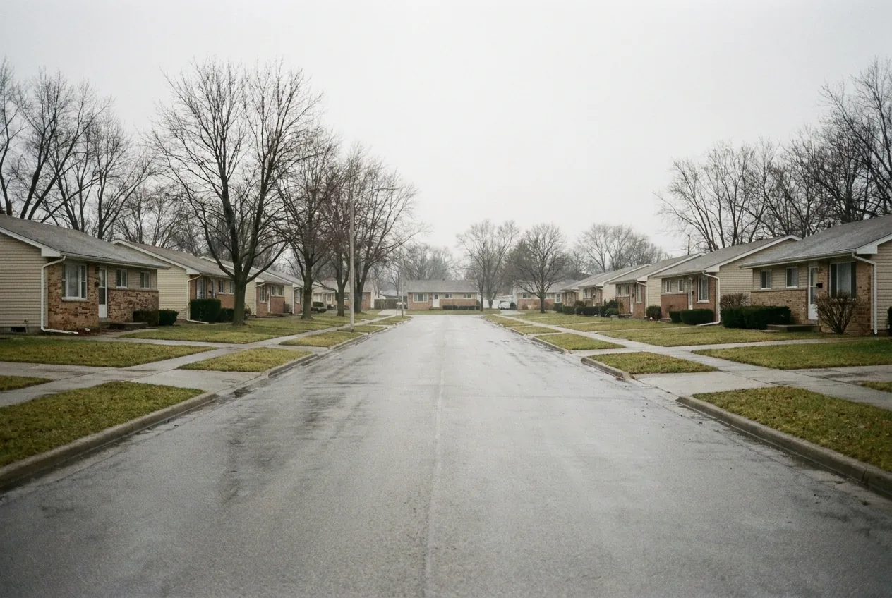 A residential street of near-identical postwar houses under flat gray light.