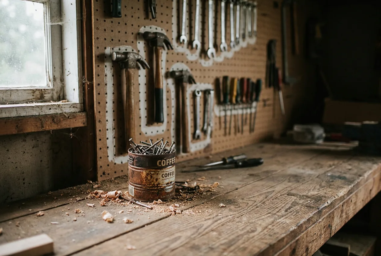 A worn wooden workbench with hand tools hung on a pegboard above painted outlines.